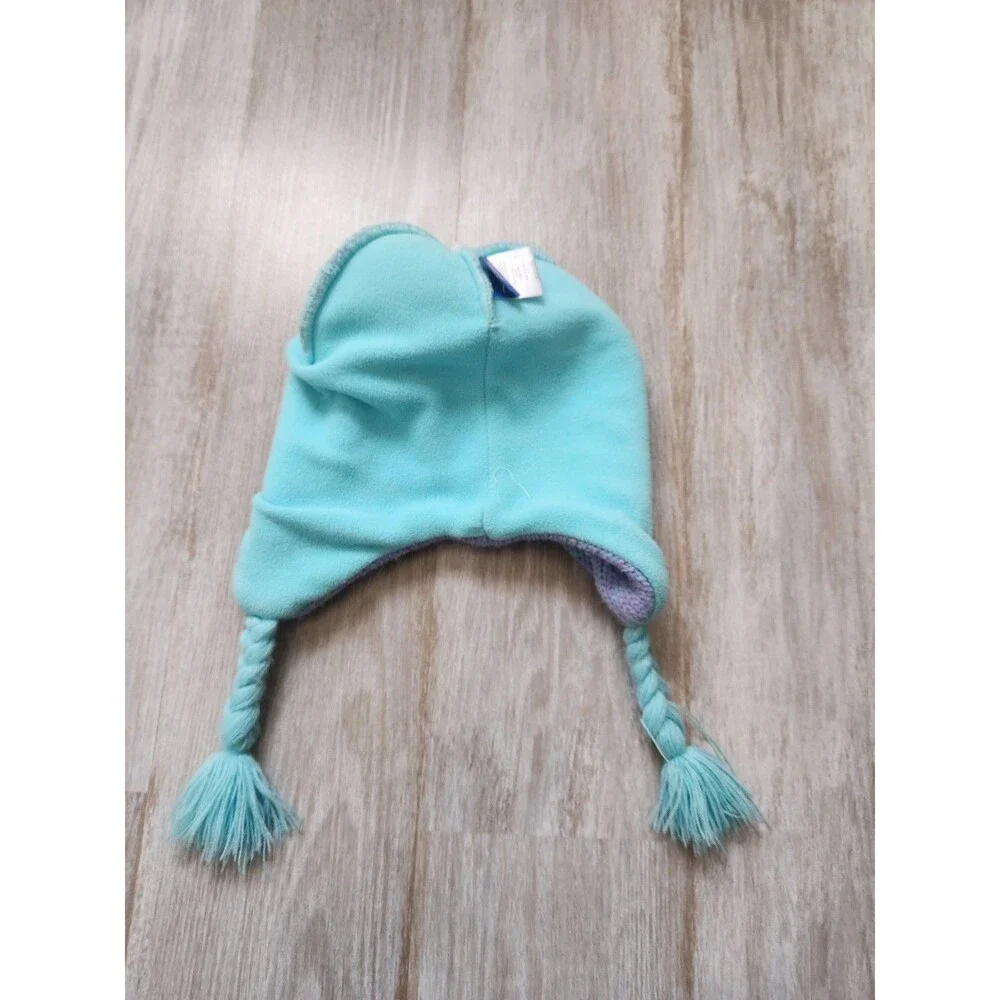 Disney Frozen Elsa Blue Purple Pom Tassel Beanie Fleece Knit Girls Sz 4-14 GUC